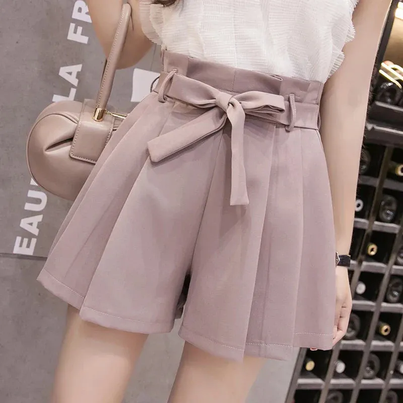 Chic Lace-Up Bowknot Pleated Wide Leg Summer Shorts