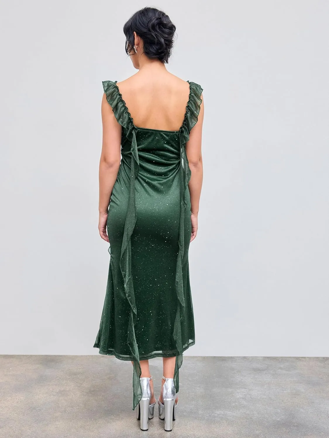 CIDER Summer Maxi Dress Wedding Guest Cowl Neck Glitter Ruffle Hem Bodycon Party Slim Formal Sleeveless Dress