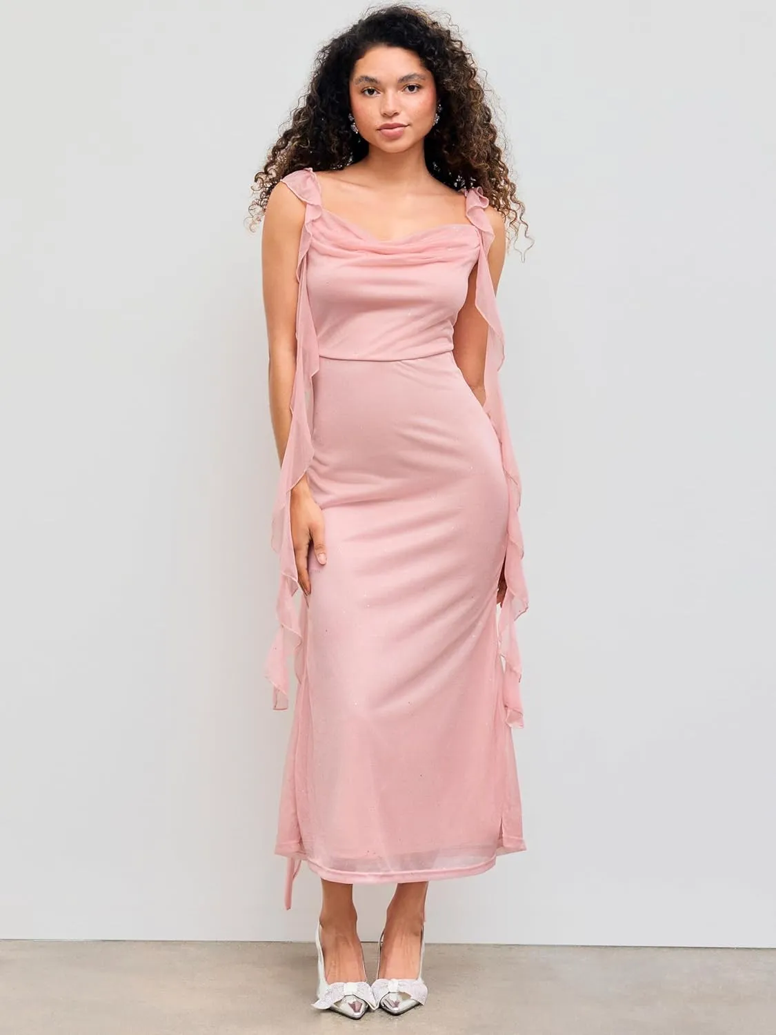 CIDER Summer Maxi Dress Wedding Guest Cowl Neck Glitter Ruffle Hem Bodycon Party Slim Formal Sleeveless Dress