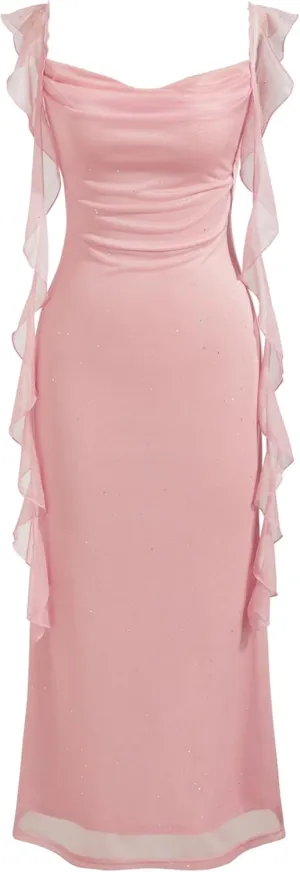 CIDER Summer Maxi Dress Wedding Guest Cowl Neck Glitter Ruffle Hem Bodycon Party Slim Formal Sleeveless Dress