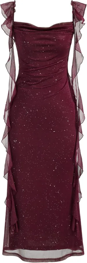CIDER Summer Maxi Dress Wedding Guest Cowl Neck Glitter Ruffle Hem Bodycon Party Slim Formal Sleeveless Dress