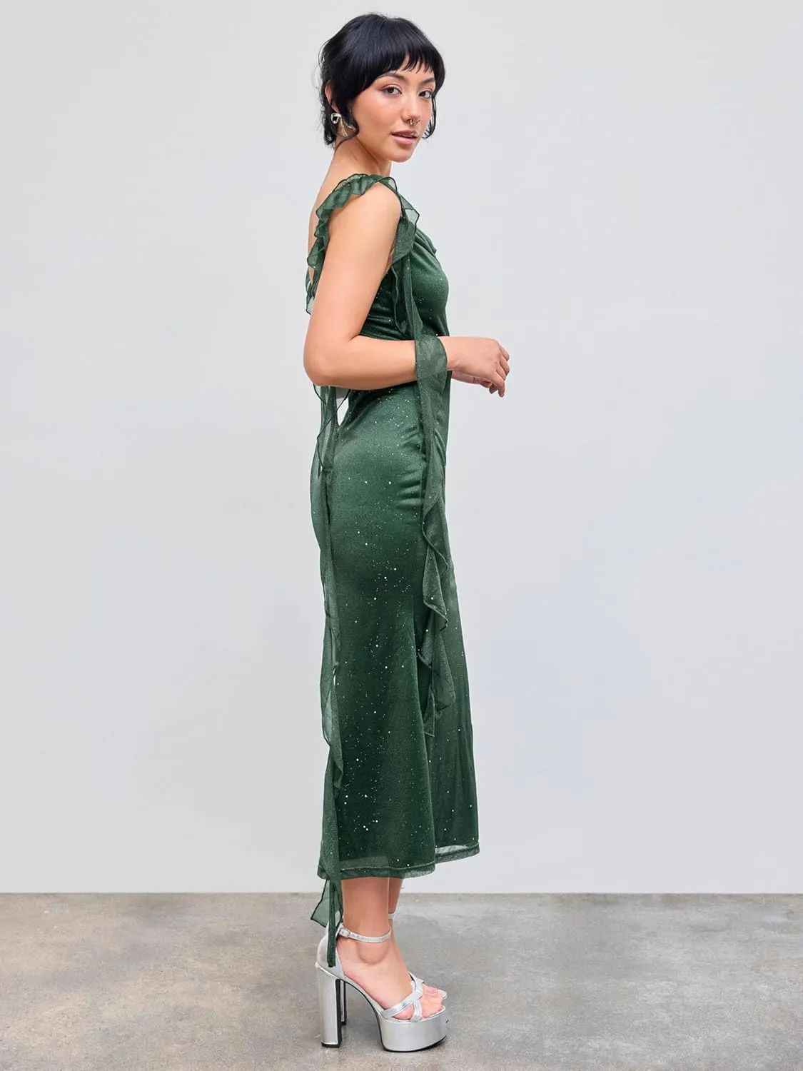 CIDER Summer Maxi Dress Wedding Guest Cowl Neck Glitter Ruffle Hem Bodycon Party Slim Formal Sleeveless Dress
