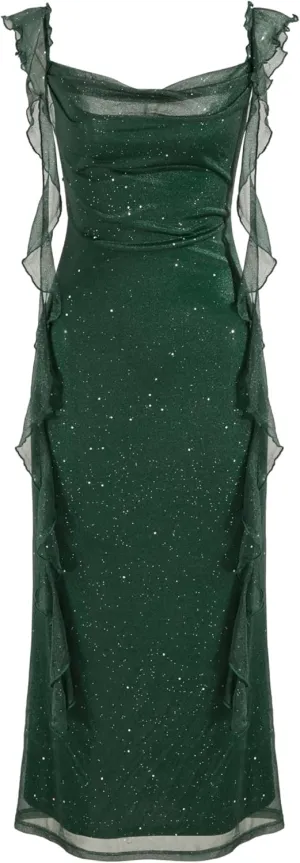 CIDER Summer Maxi Dress Wedding Guest Cowl Neck Glitter Ruffle Hem Bodycon Party Slim Formal Sleeveless Dress