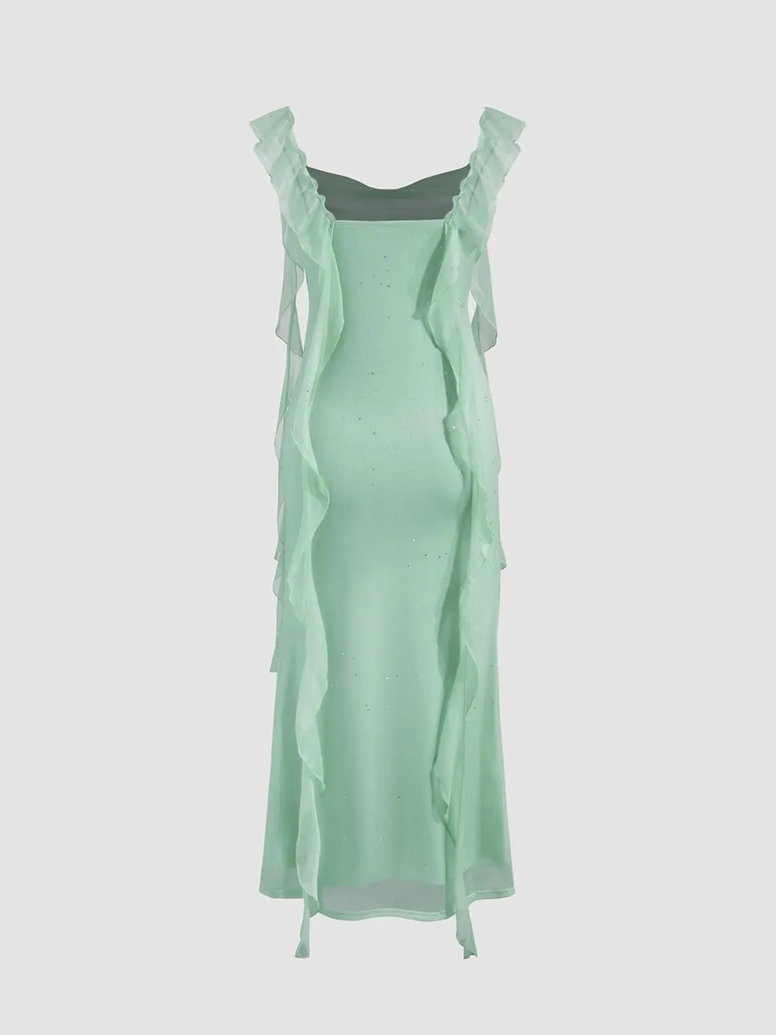 CIDER Summer Maxi Dress Wedding Guest Cowl Neck Glitter Ruffle Hem Bodycon Party Slim Formal Sleeveless Dress