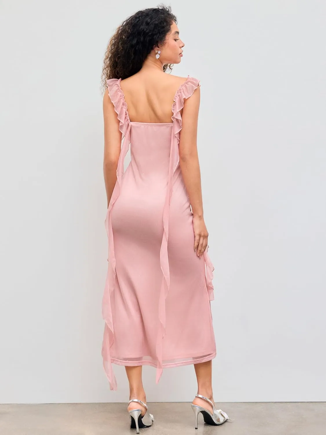 CIDER Summer Maxi Dress Wedding Guest Cowl Neck Glitter Ruffle Hem Bodycon Party Slim Formal Sleeveless Dress