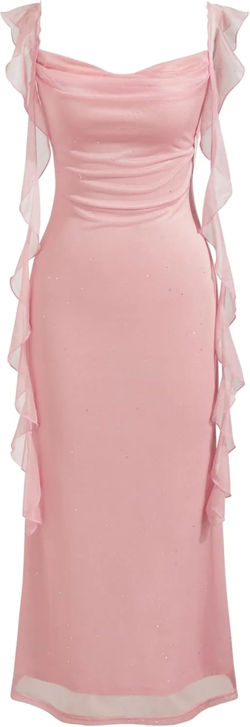 CIDER Summer Maxi Dress Wedding Guest Cowl Neck Glitter Ruffle Hem Bodycon Party Slim Formal Sleeveless Dress
