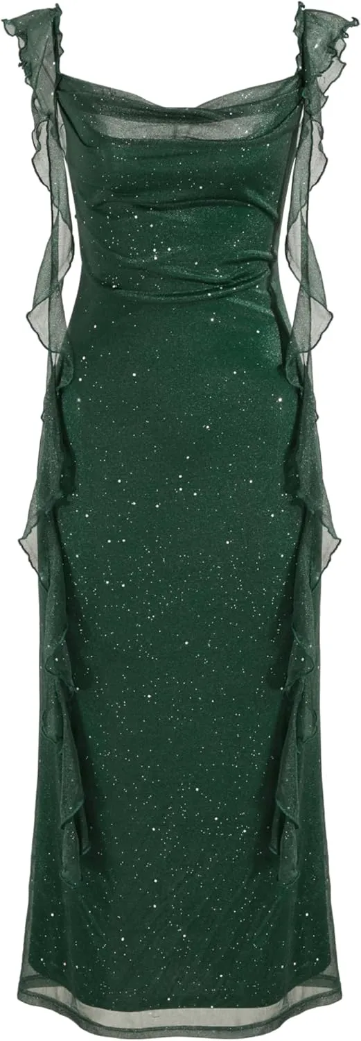 CIDER Summer Maxi Dress Wedding Guest Cowl Neck Glitter Ruffle Hem Bodycon Party Slim Formal Sleeveless Dress