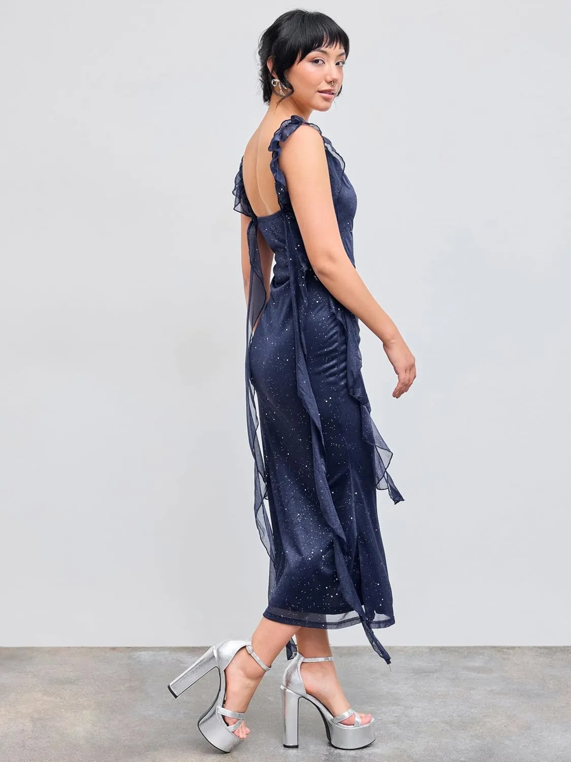 CIDER Summer Maxi Dress Wedding Guest Cowl Neck Glitter Ruffle Hem Bodycon Party Slim Formal Sleeveless Dress