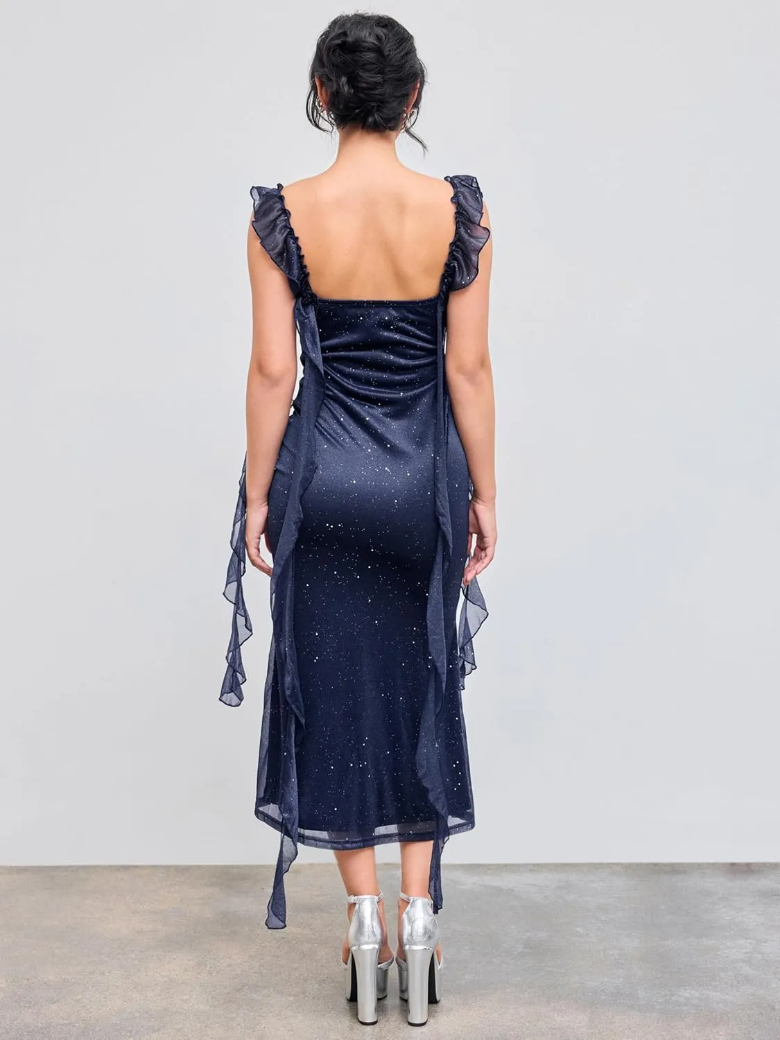 CIDER Summer Maxi Dress Wedding Guest Cowl Neck Glitter Ruffle Hem Bodycon Party Slim Formal Sleeveless Dress