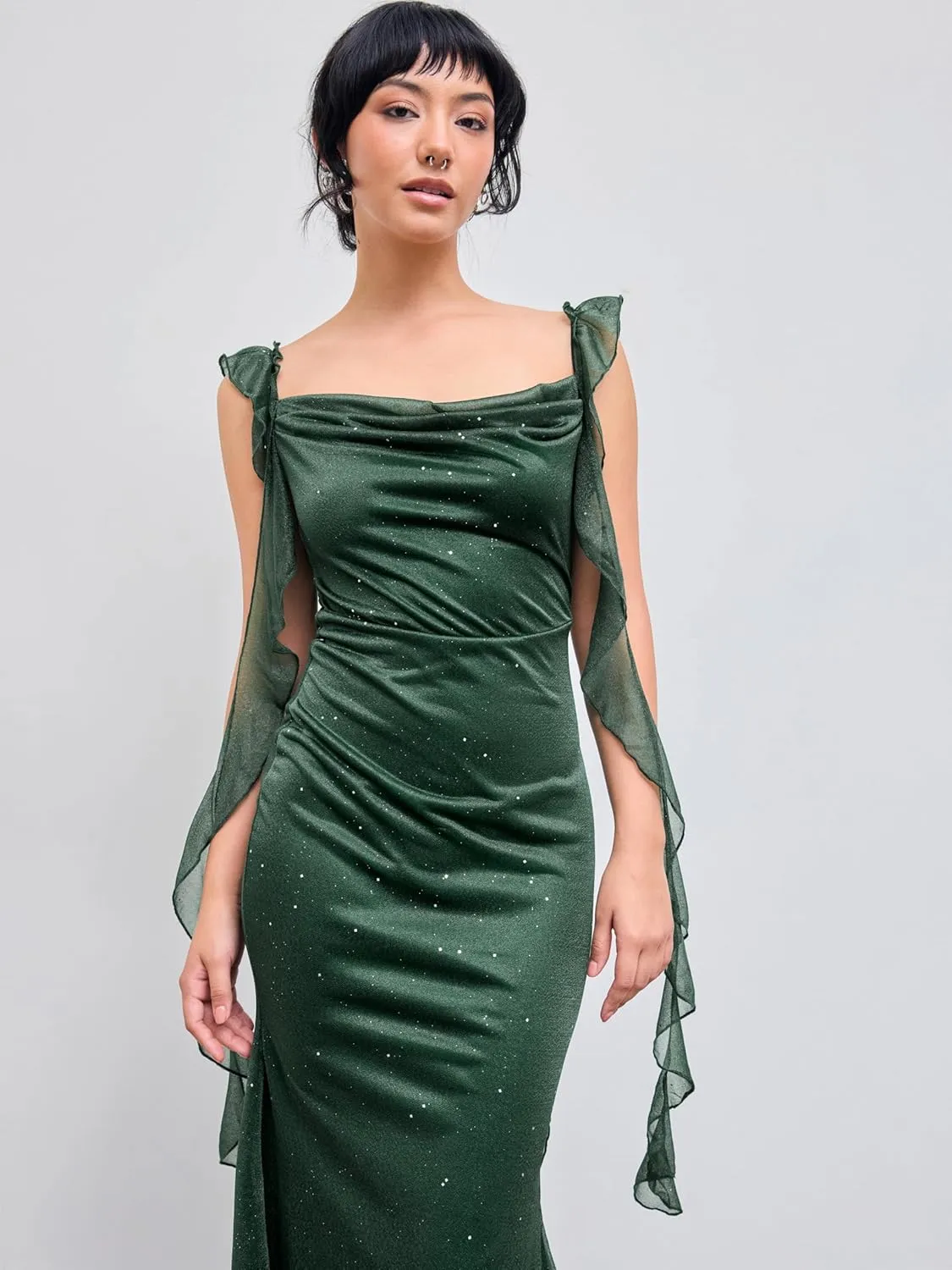 CIDER Summer Maxi Dress Wedding Guest Cowl Neck Glitter Ruffle Hem Bodycon Party Slim Formal Sleeveless Dress