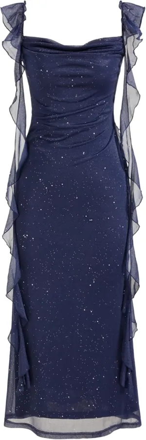 CIDER Summer Maxi Dress Wedding Guest Cowl Neck Glitter Ruffle Hem Bodycon Party Slim Formal Sleeveless Dress