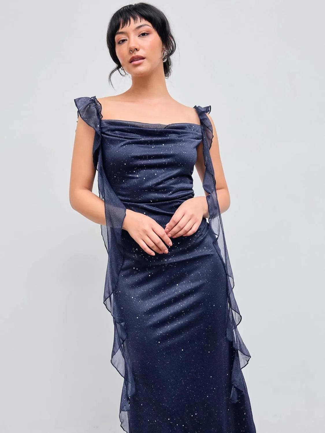 CIDER Summer Maxi Dress Wedding Guest Cowl Neck Glitter Ruffle Hem Bodycon Party Slim Formal Sleeveless Dress