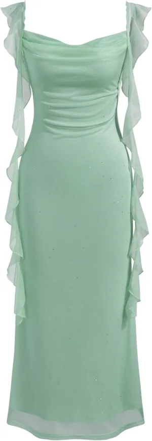 CIDER Summer Maxi Dress Wedding Guest Cowl Neck Glitter Ruffle Hem Bodycon Party Slim Formal Sleeveless Dress