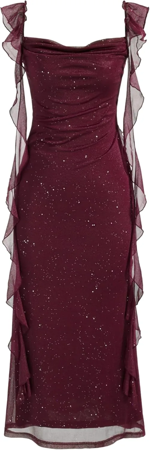 CIDER Summer Maxi Dress Wedding Guest Cowl Neck Glitter Ruffle Hem Bodycon Party Slim Formal Sleeveless Dress