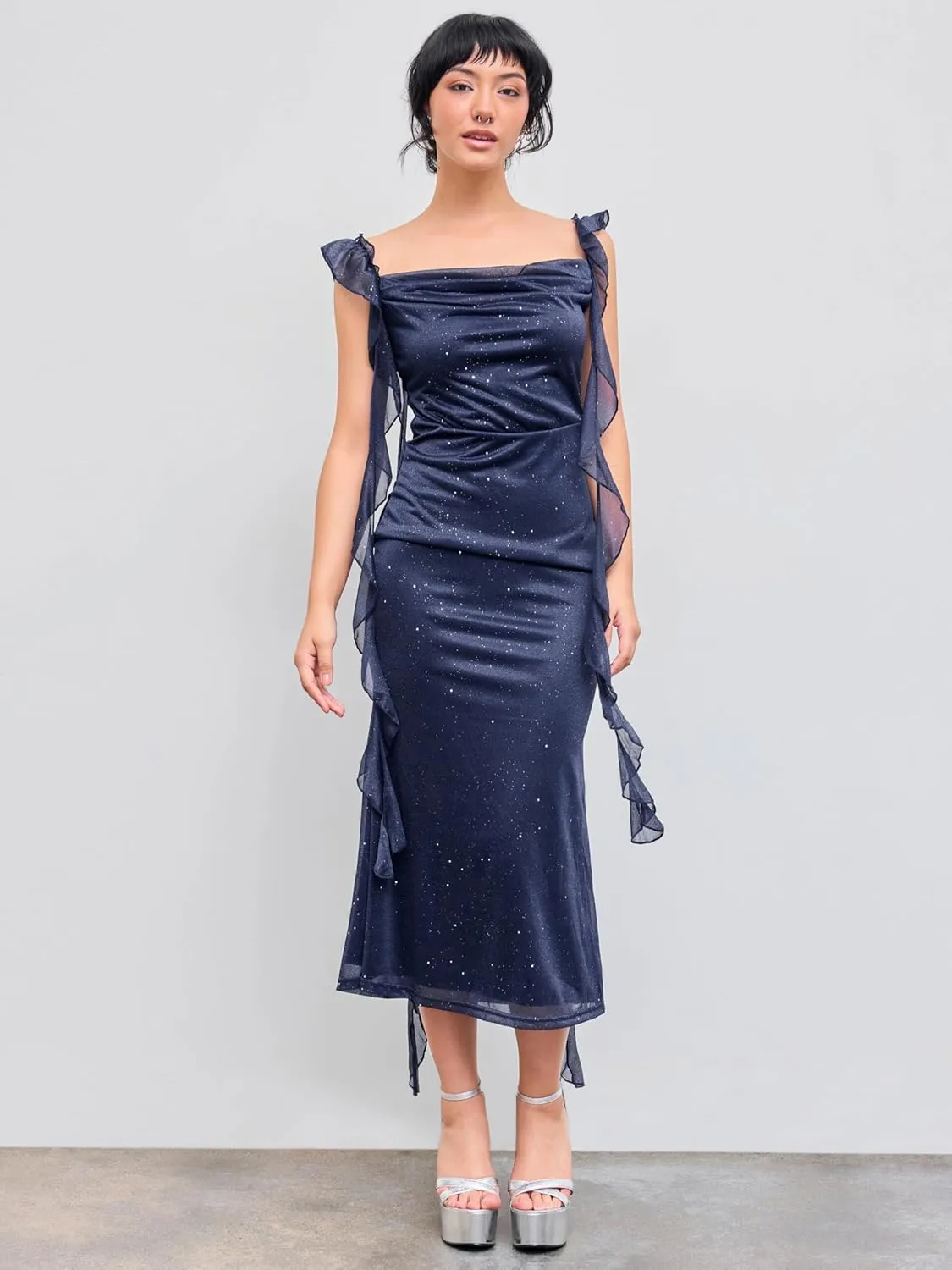 CIDER Summer Maxi Dress Wedding Guest Cowl Neck Glitter Ruffle Hem Bodycon Party Slim Formal Sleeveless Dress