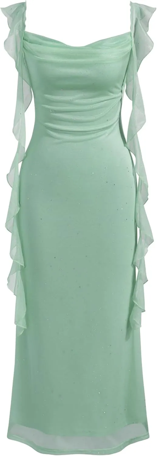 CIDER Summer Maxi Dress Wedding Guest Cowl Neck Glitter Ruffle Hem Bodycon Party Slim Formal Sleeveless Dress