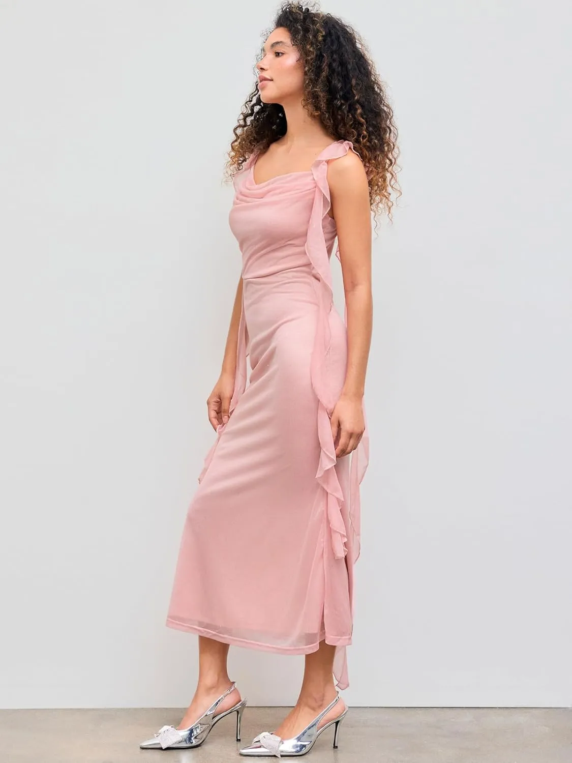 CIDER Summer Maxi Dress Wedding Guest Cowl Neck Glitter Ruffle Hem Bodycon Party Slim Formal Sleeveless Dress