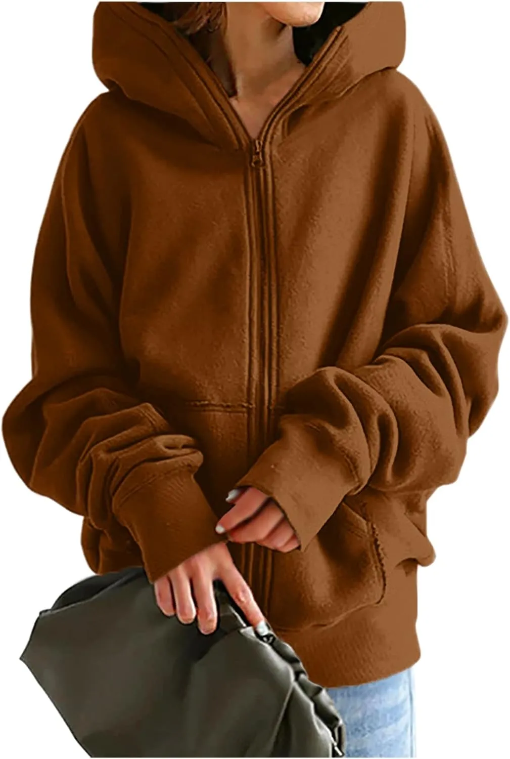 DOLKFU Womens Oversized Hoodie Dress Zip Up Long Sweatshirt Solid Basic Pullover Tops Y2K Trendy Winter Clothes With Pockets