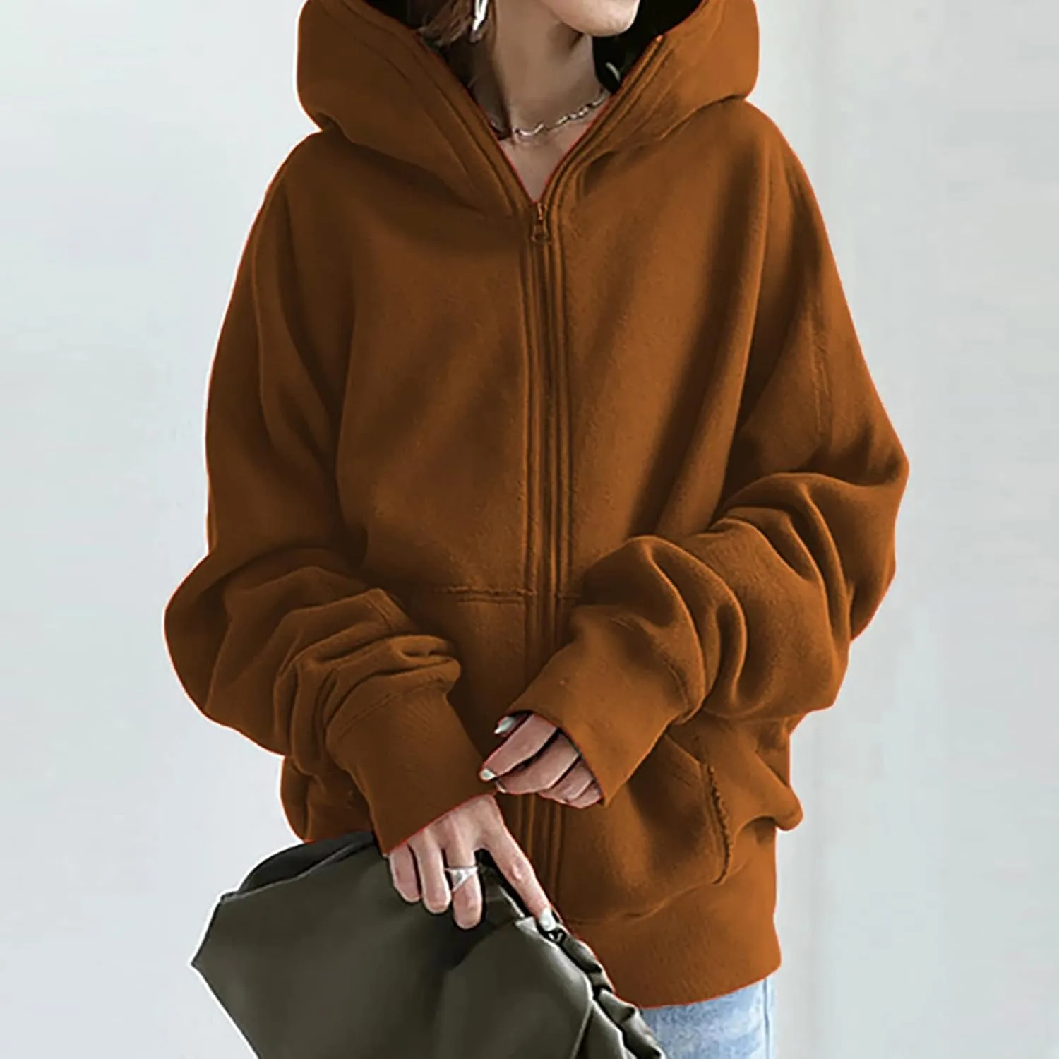 DOLKFU Womens Oversized Hoodie Dress Zip Up Long Sweatshirt Solid Basic Pullover Tops Y2K Trendy Winter Clothes With Pockets