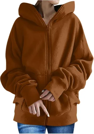 DOLKFU Womens Oversized Hoodie Dress Zip Up Long Sweatshirt Solid Basic Pullover Tops Y2K Trendy Winter Clothes With Pockets