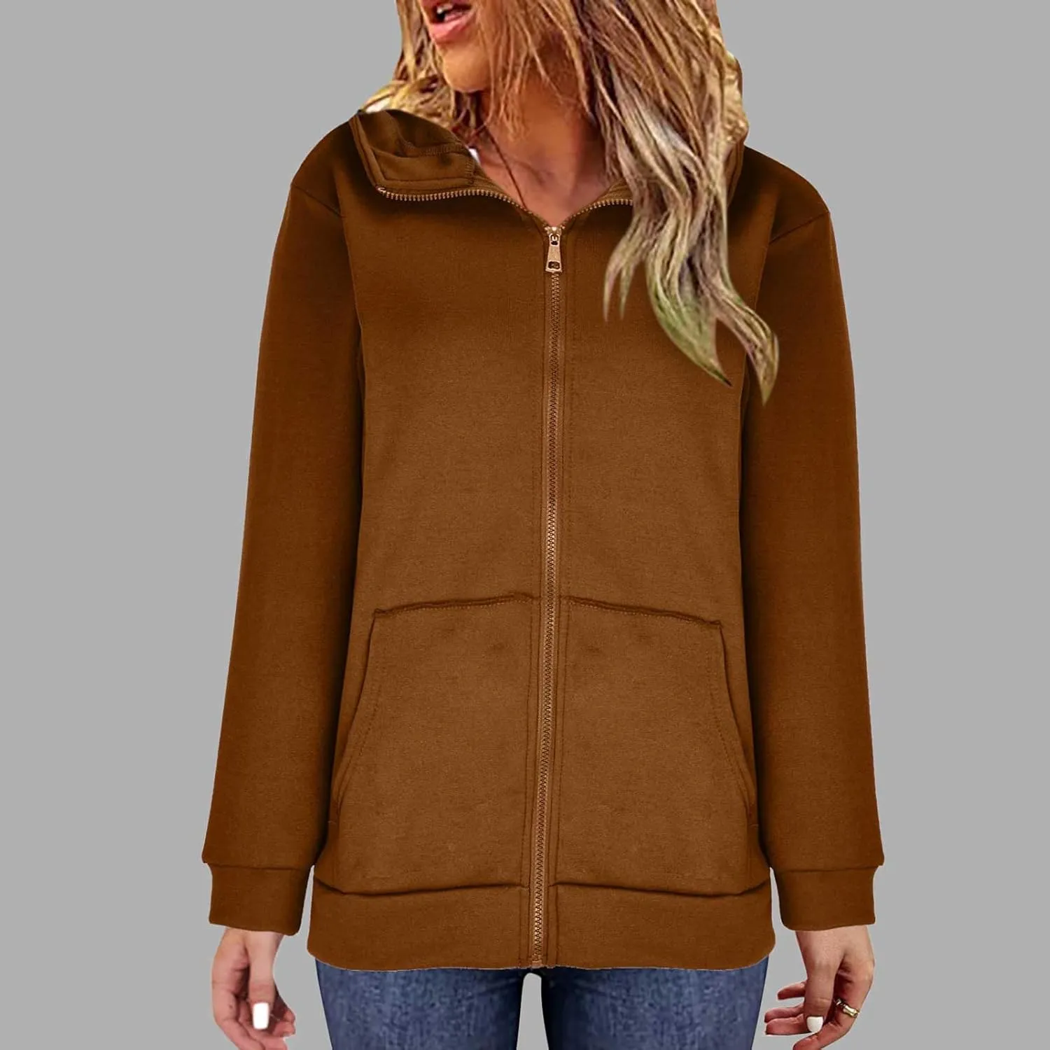 DOLKFU Womens Oversized Hoodie Dress Zip Up Long Sweatshirt Solid Basic Pullover Tops Y2K Trendy Winter Clothes With Pockets