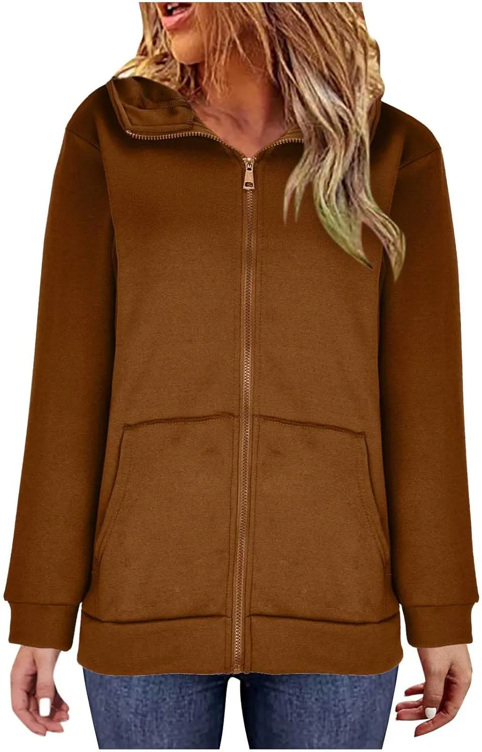 DOLKFU Womens Oversized Hoodie Dress Zip Up Long Sweatshirt Solid Basic Pullover Tops Y2K Trendy Winter Clothes With Pockets