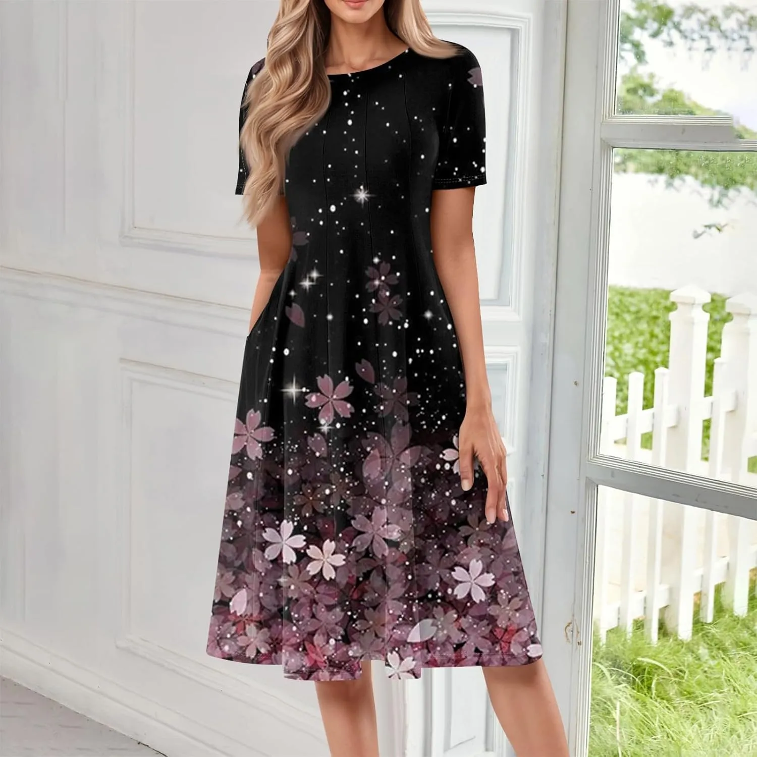 Dresses for Women 2025 Short Sleeve Round Neck Church Dress Pleated Knee Length Dress with Pockets Curvy Dress