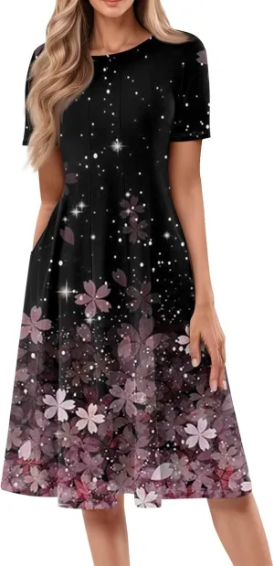 Dresses for Women 2025 Short Sleeve Round Neck Church Dress Pleated Knee Length Dress with Pockets Curvy Dress