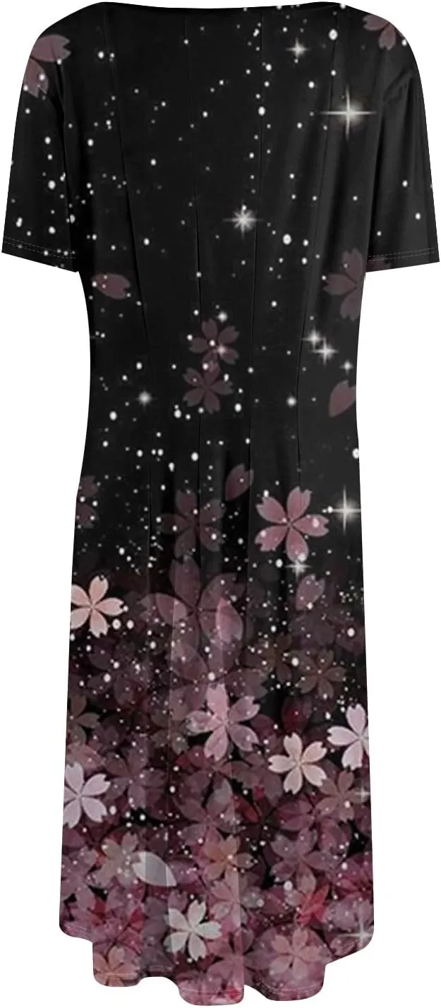 Dresses for Women 2025 Short Sleeve Round Neck Church Dress Pleated Knee Length Dress with Pockets Curvy Dress