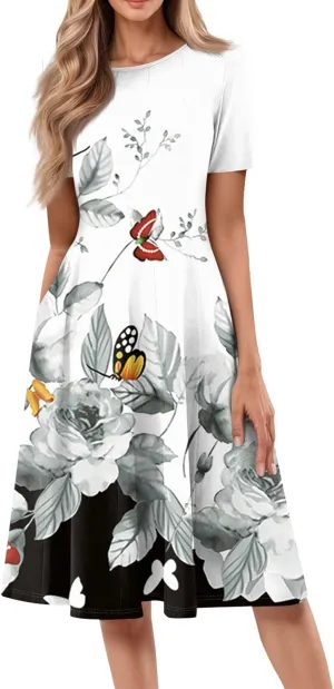 Dresses for Women 2025 Short Sleeve Round Neck Church Dress Pleated Knee Length Dress with Pockets Curvy Dress