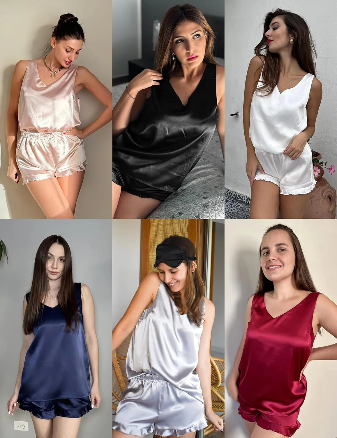 Ekouaer Womens Silk Pajamas Set 2 Piece Satin Camisole Pjs V Neck Tank Top and Shorts with Ruffle Sleepwear