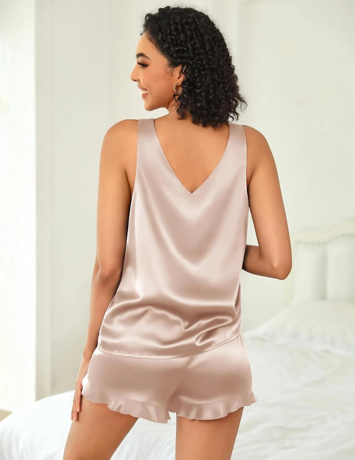 Ekouaer Womens Silk Pajamas Set 2 Piece Satin Camisole Pjs V Neck Tank Top and Shorts with Ruffle Sleepwear