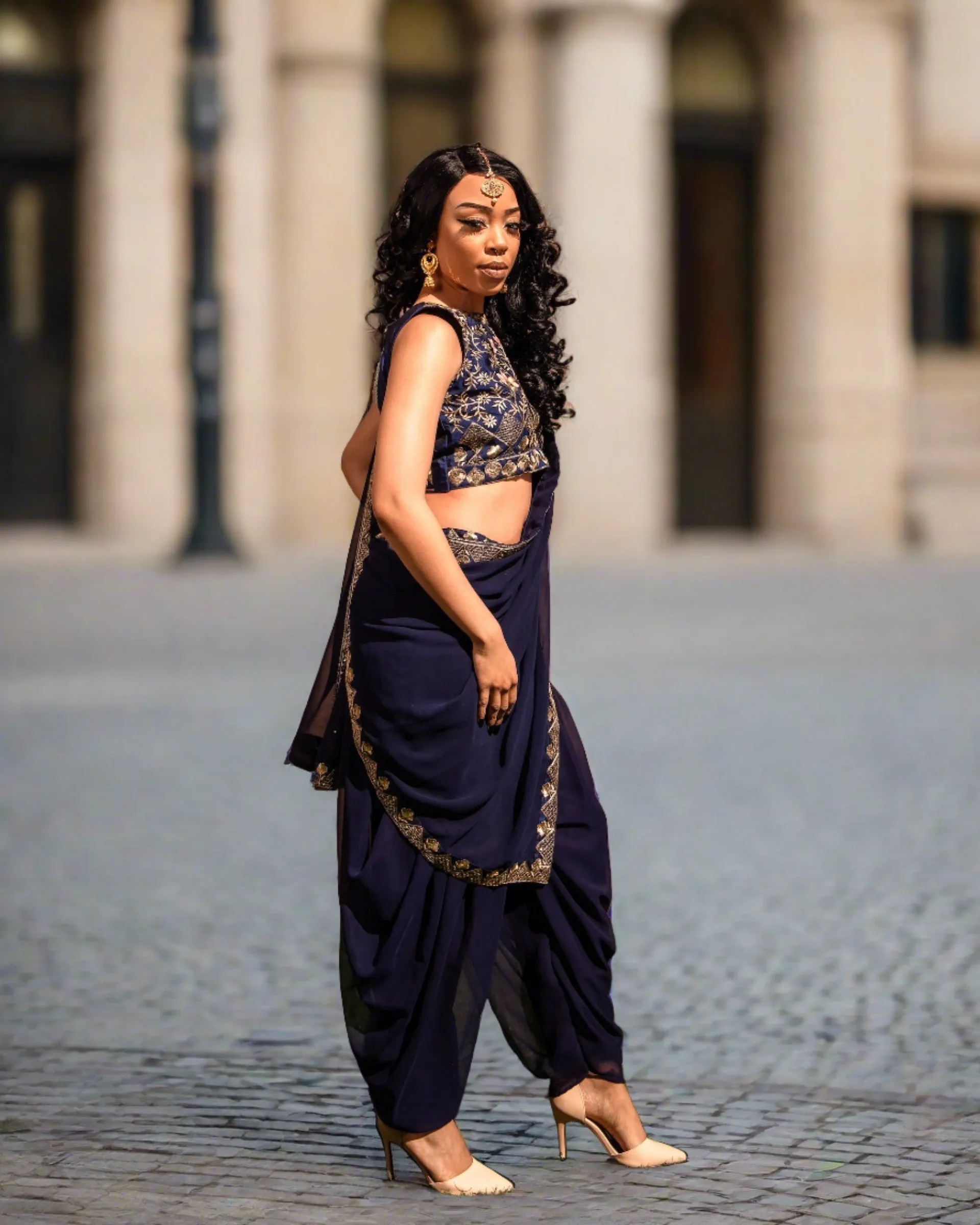 Fancy Georgette Silk Embroidered Navy Blue With Dhoti Pants Set