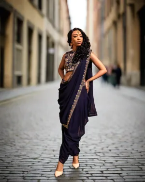 Fancy Georgette Silk Embroidered Navy Blue With Dhoti Pants Set