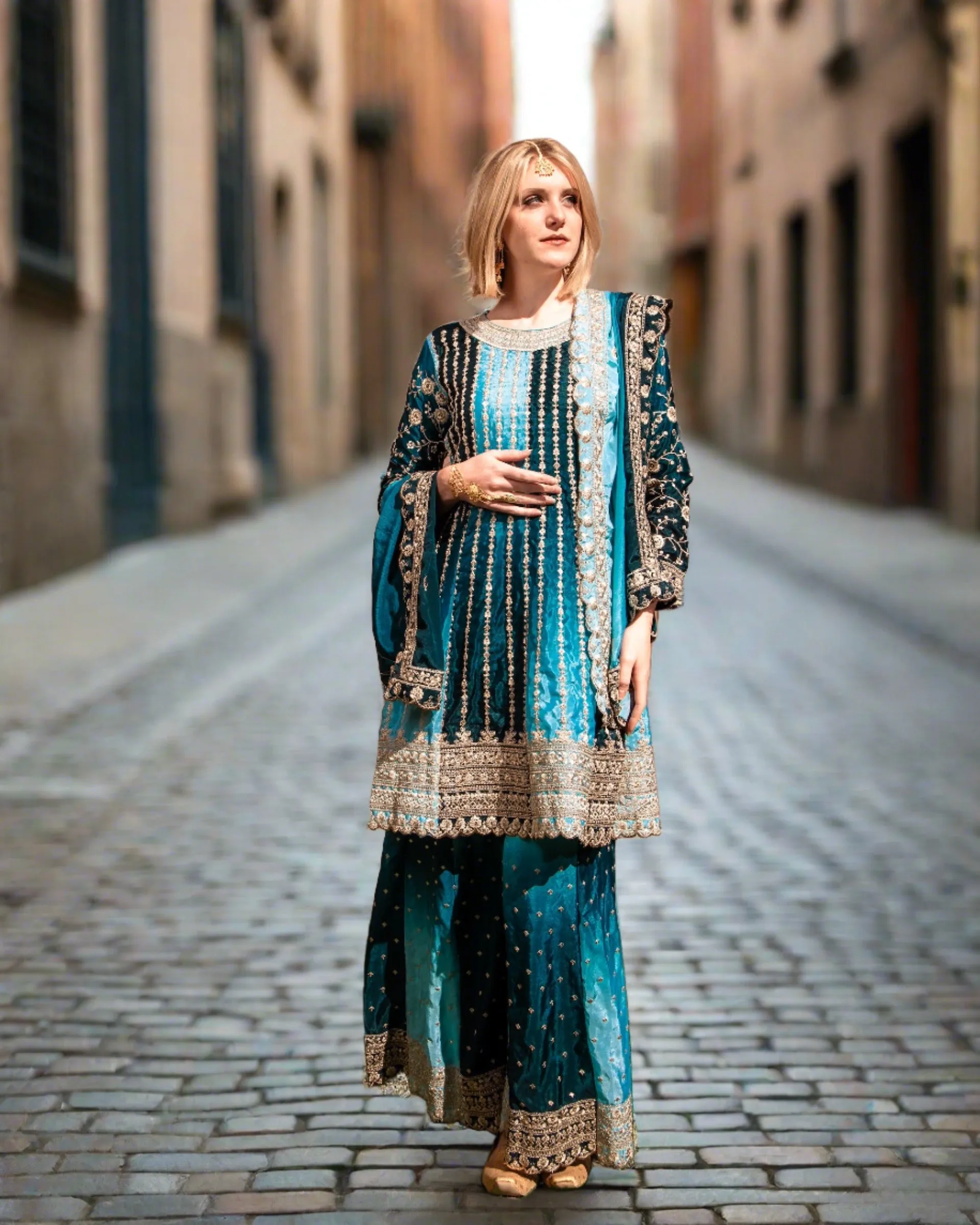 Fancy Silk Heavy Embroidered Shaded Dark & Light Peacock Blue Sharara Pants Suit