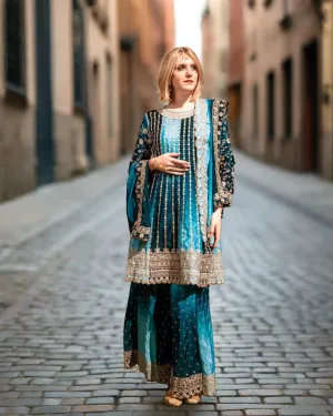 Fancy Silk Heavy Embroidered Shaded Dark & Light Peacock Blue Sharara Pants Suit