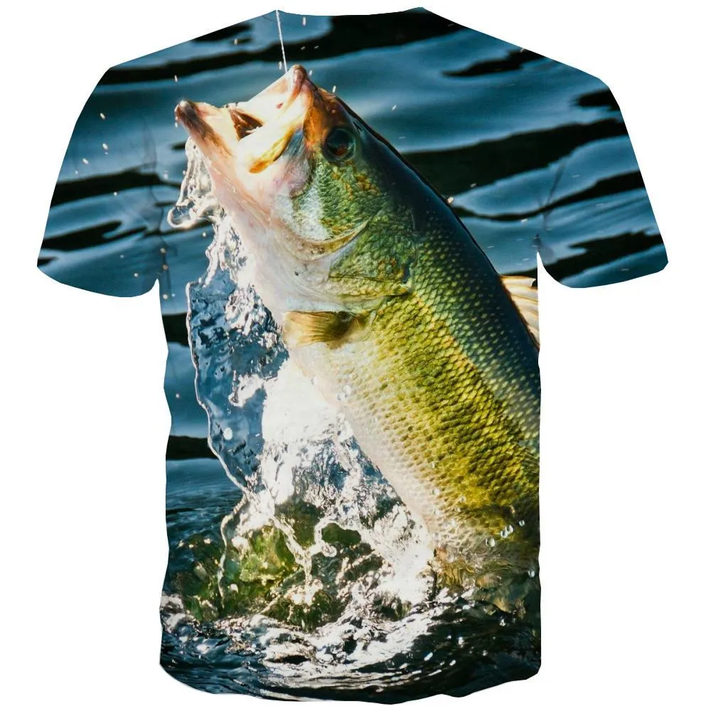 fishing T shirts Men fish Shirt Print Short Sleeve Hip hop Digital Slim O-Neck