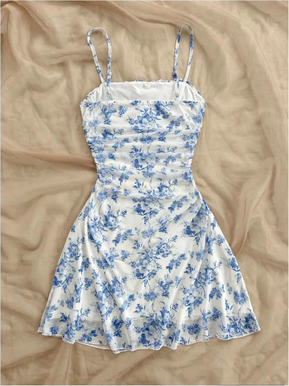 Floerns Women's Plus Size Floral Spaghetti Strap Dress Ruched A Line Mesh Mini Dresses