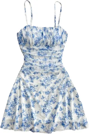 Floerns Women's Plus Size Floral Spaghetti Strap Dress Ruched A Line Mesh Mini Dresses