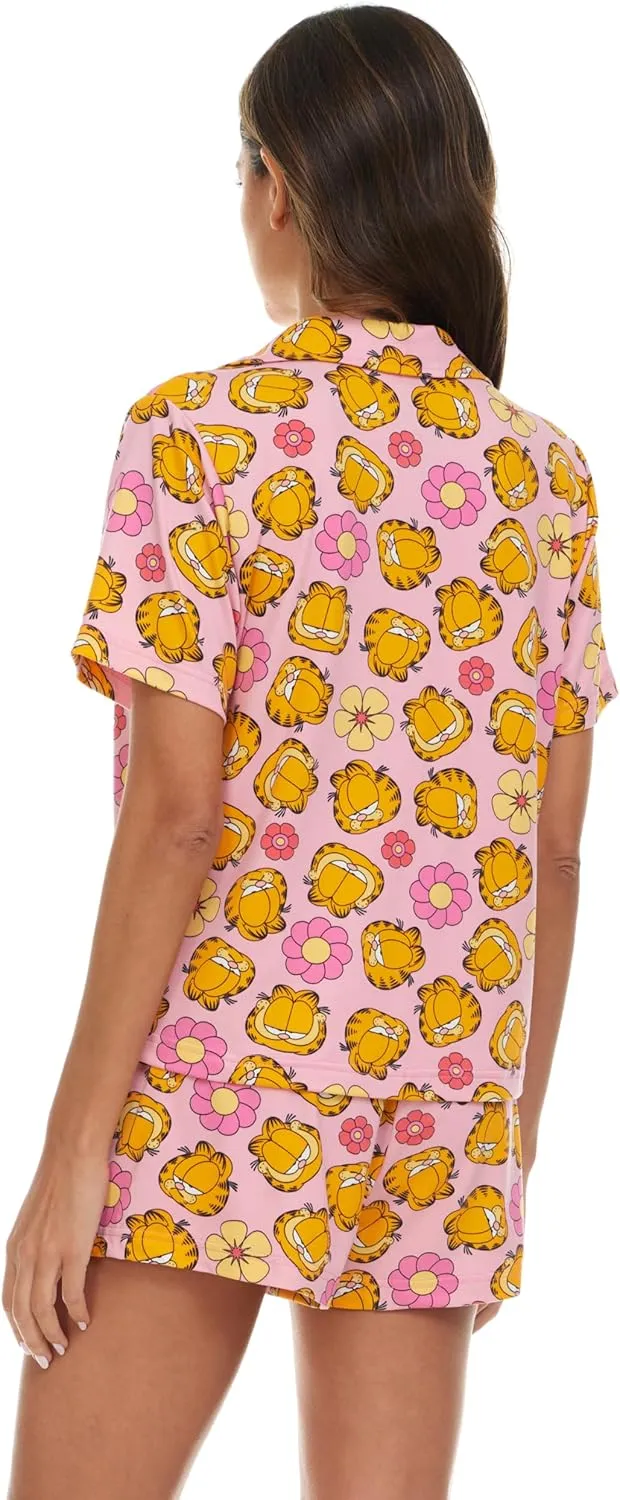 Garfield Womens Pajama Set, Soft Stretchy Pajama Shorts & Short Sleeve, Notch Collar, Button Down Top