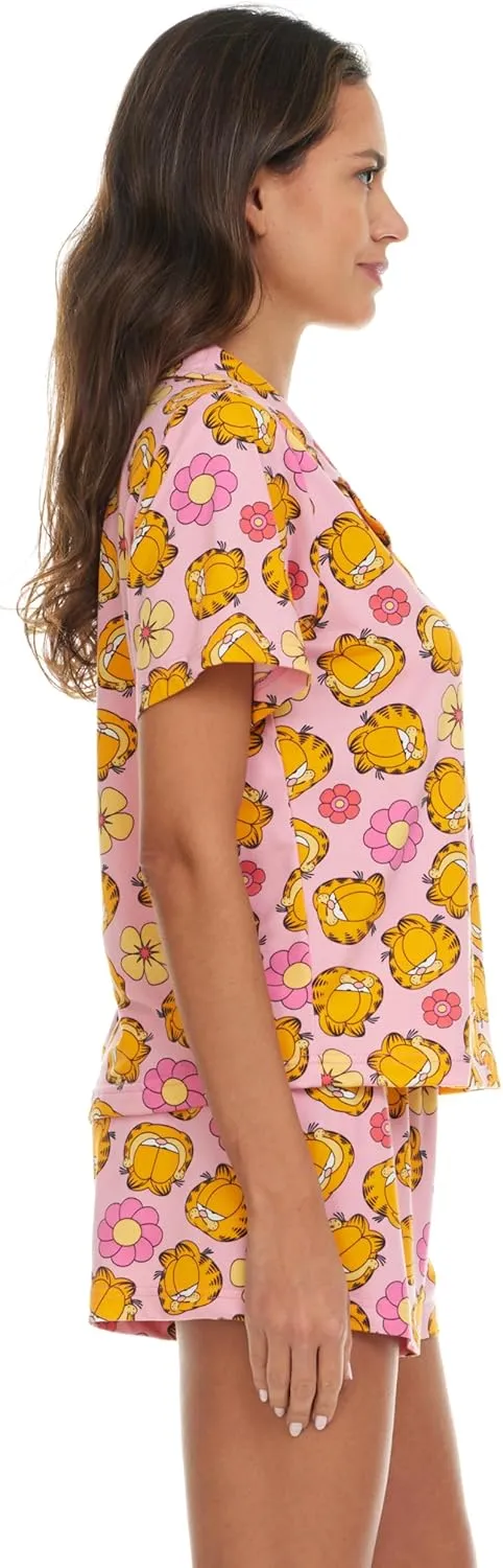 Garfield Womens Pajama Set, Soft Stretchy Pajama Shorts & Short Sleeve, Notch Collar, Button Down Top