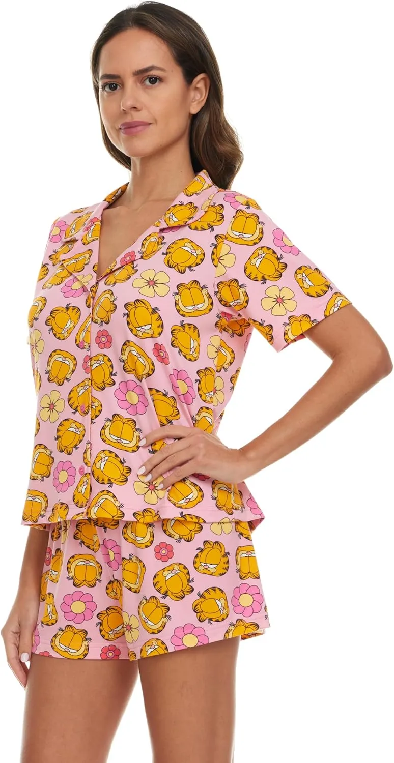 Garfield Womens Pajama Set, Soft Stretchy Pajama Shorts & Short Sleeve, Notch Collar, Button Down Top