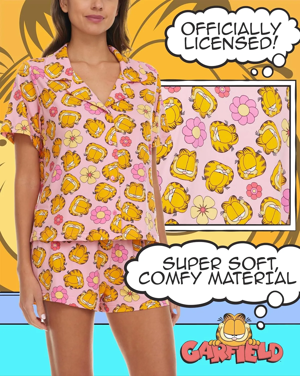 Garfield Womens Pajama Set, Soft Stretchy Pajama Shorts & Short Sleeve, Notch Collar, Button Down Top