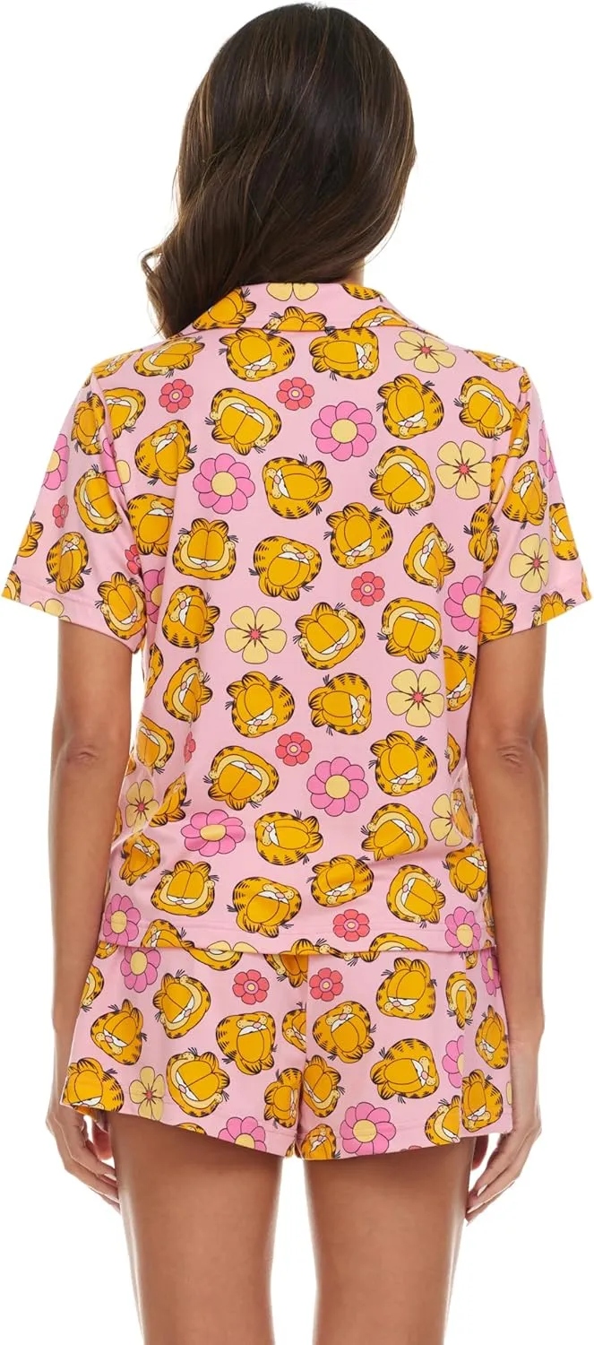 Garfield Womens Pajama Set, Soft Stretchy Pajama Shorts & Short Sleeve, Notch Collar, Button Down Top
