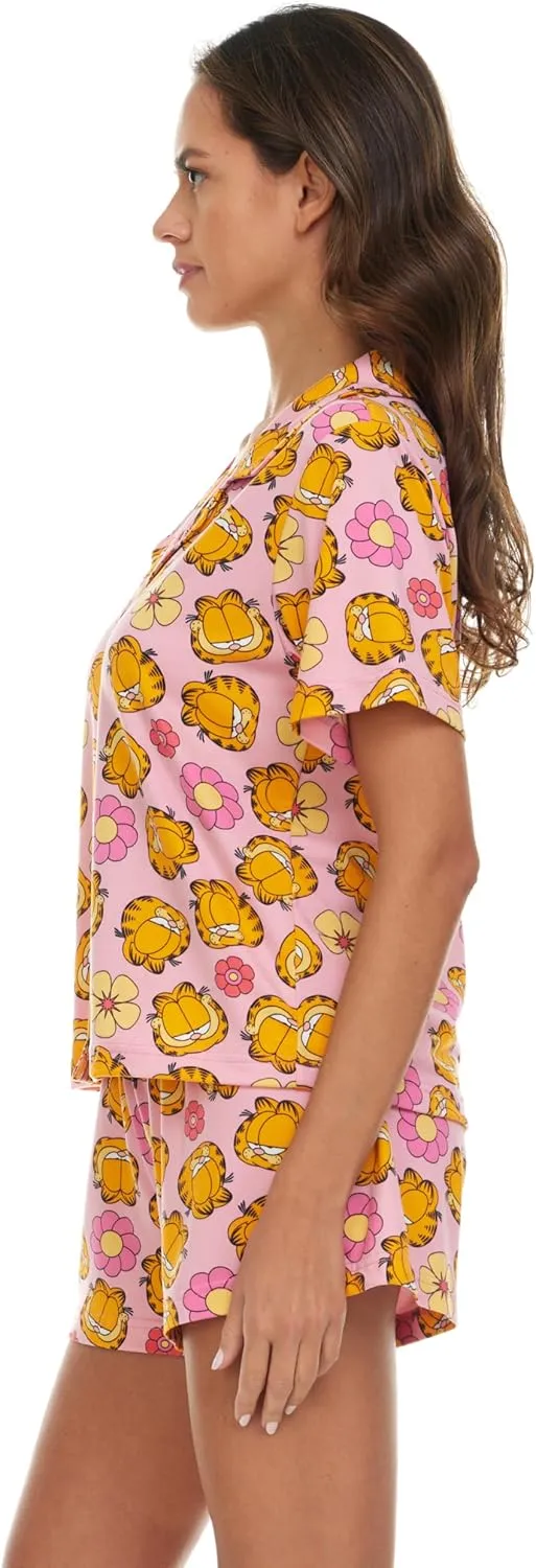 Garfield Womens Pajama Set, Soft Stretchy Pajama Shorts & Short Sleeve, Notch Collar, Button Down Top