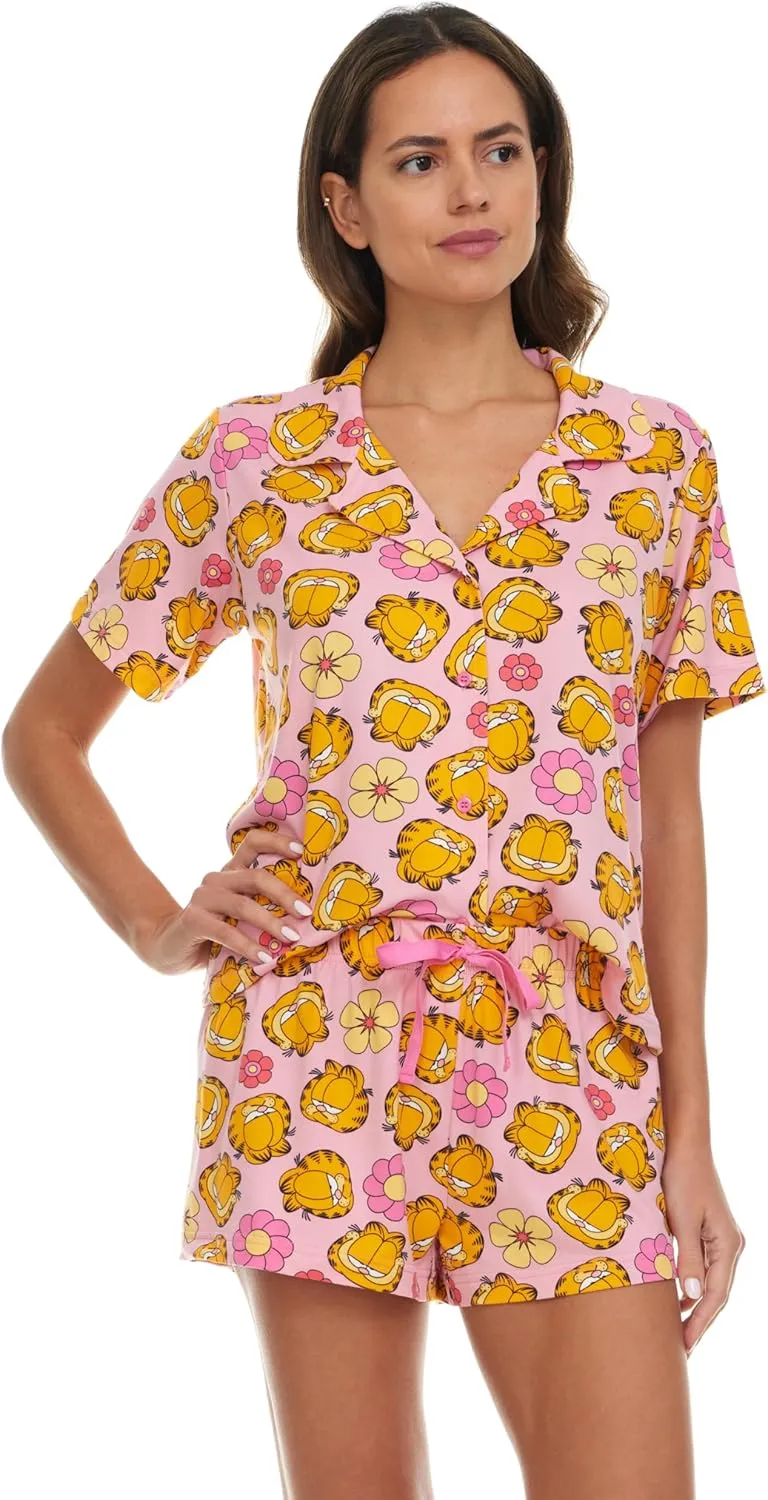 Garfield Womens Pajama Set, Soft Stretchy Pajama Shorts & Short Sleeve, Notch Collar, Button Down Top