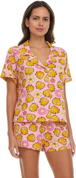 Garfield Womens Pajama Set, Soft Stretchy Pajama Shorts & Short Sleeve, Notch Collar, Button Down Top