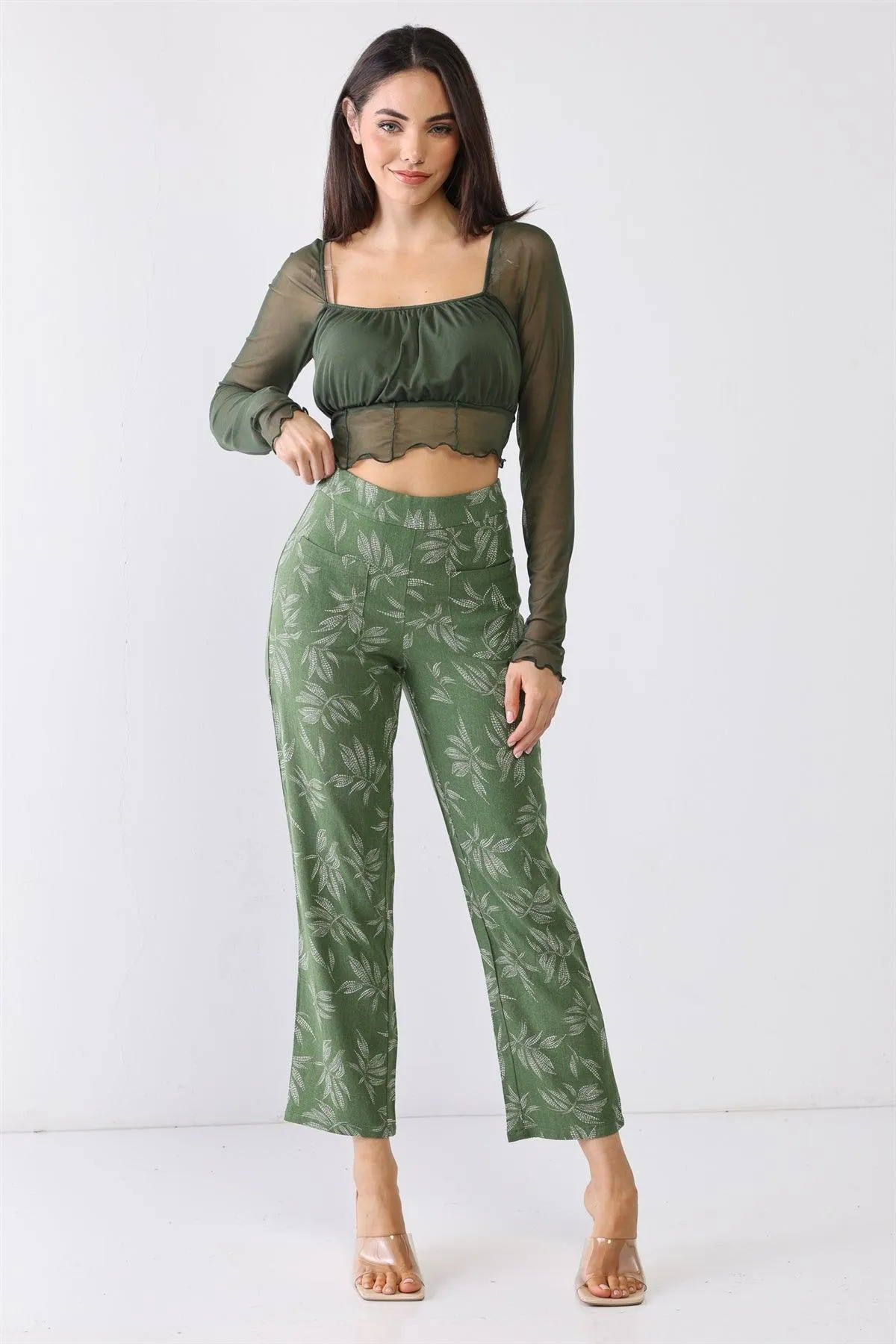 Green Floral Print High Waist Two Pocket Pants /3-2-1