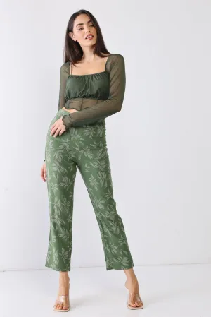 Green Floral Print High Waist Two Pocket Pants /3-2-1