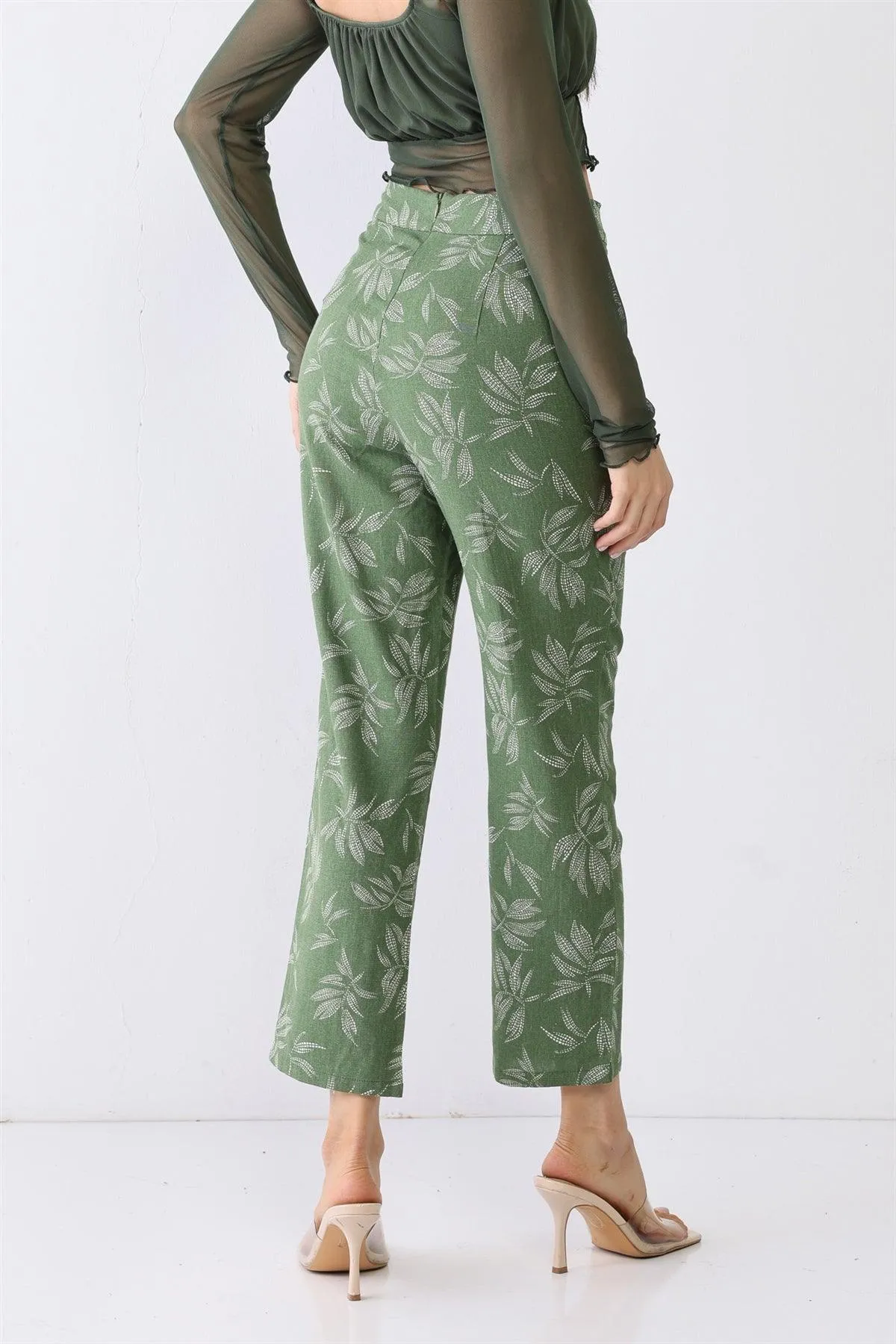 Green Floral Print High Waist Two Pocket Pants /3-2-1